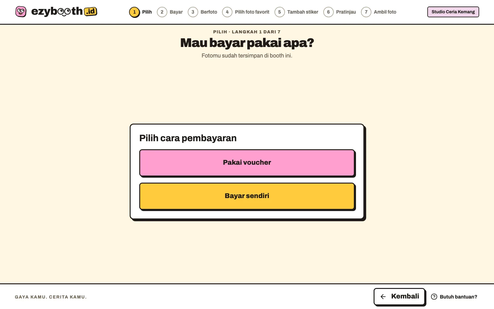 Pilihan Pakai voucher dan Bayar sendiri di kiosk
