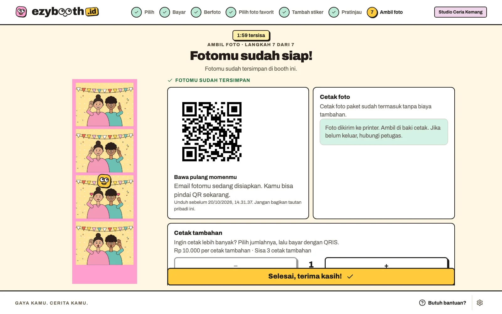 Layar akhir dengan QR unduhan