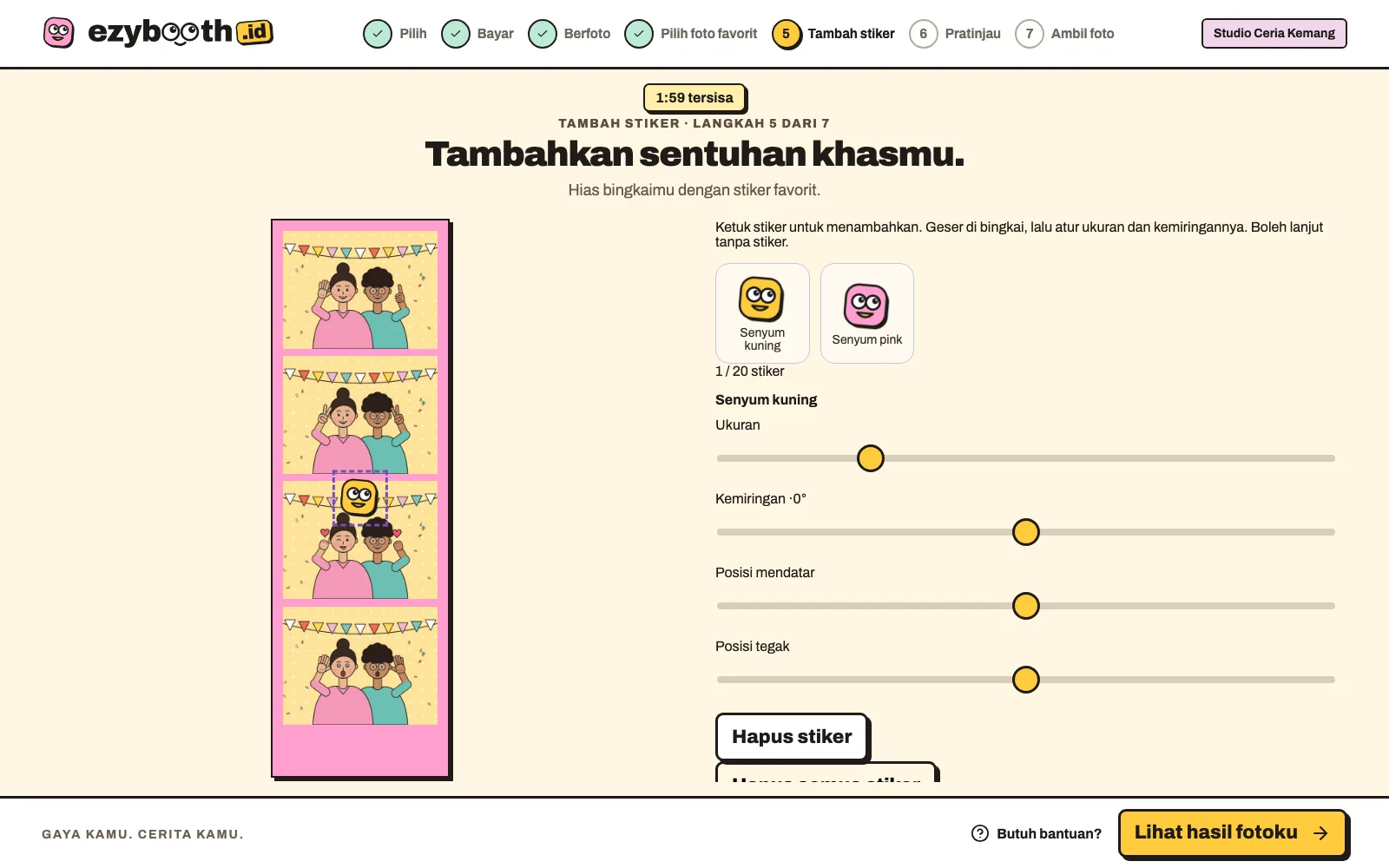Pengaturan ukuran, kemiringan, dan posisi stiker di kiosk