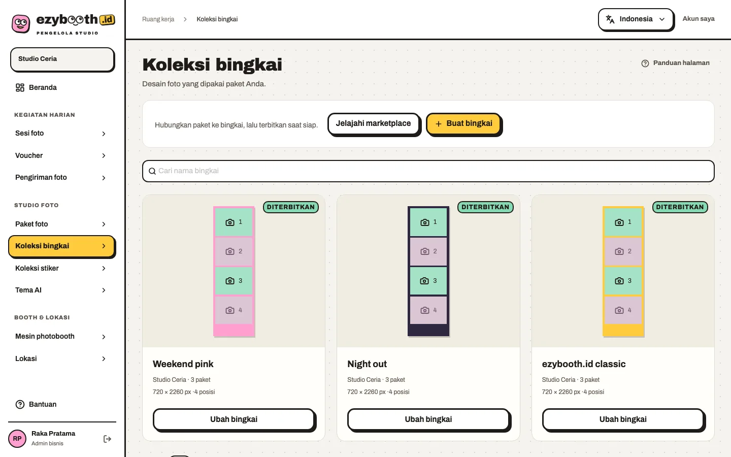 Koleksi bingkai berisi Weekend pink, Night out, dan ezybooth.id classic