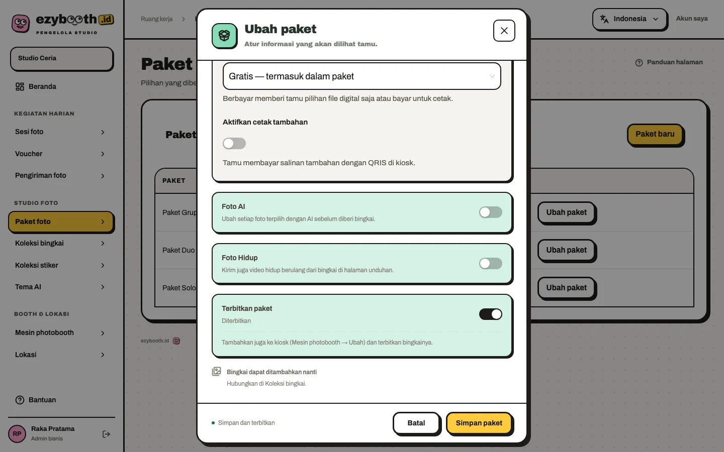 Sakelar Foto AI di formulir Ubah paket