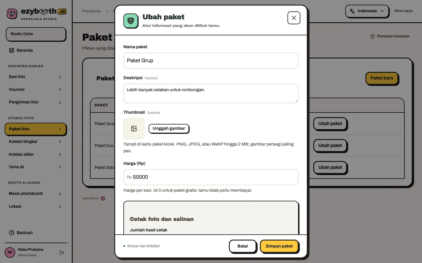 Formulir Ubah paket dengan nama, deskripsi, thumbnail, dan harga